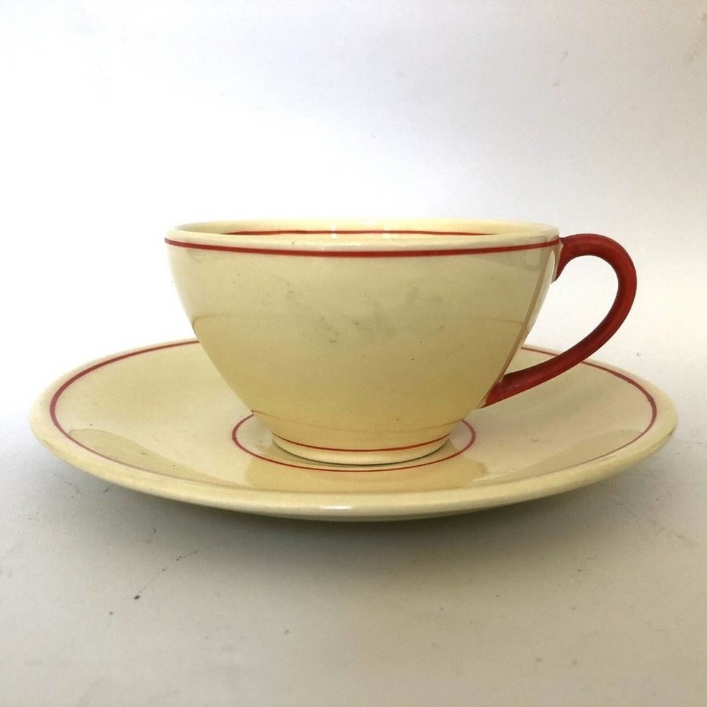 Antique Tea Cup & Saucer Czechoslovakia Light Yellow With Red Accent Strips